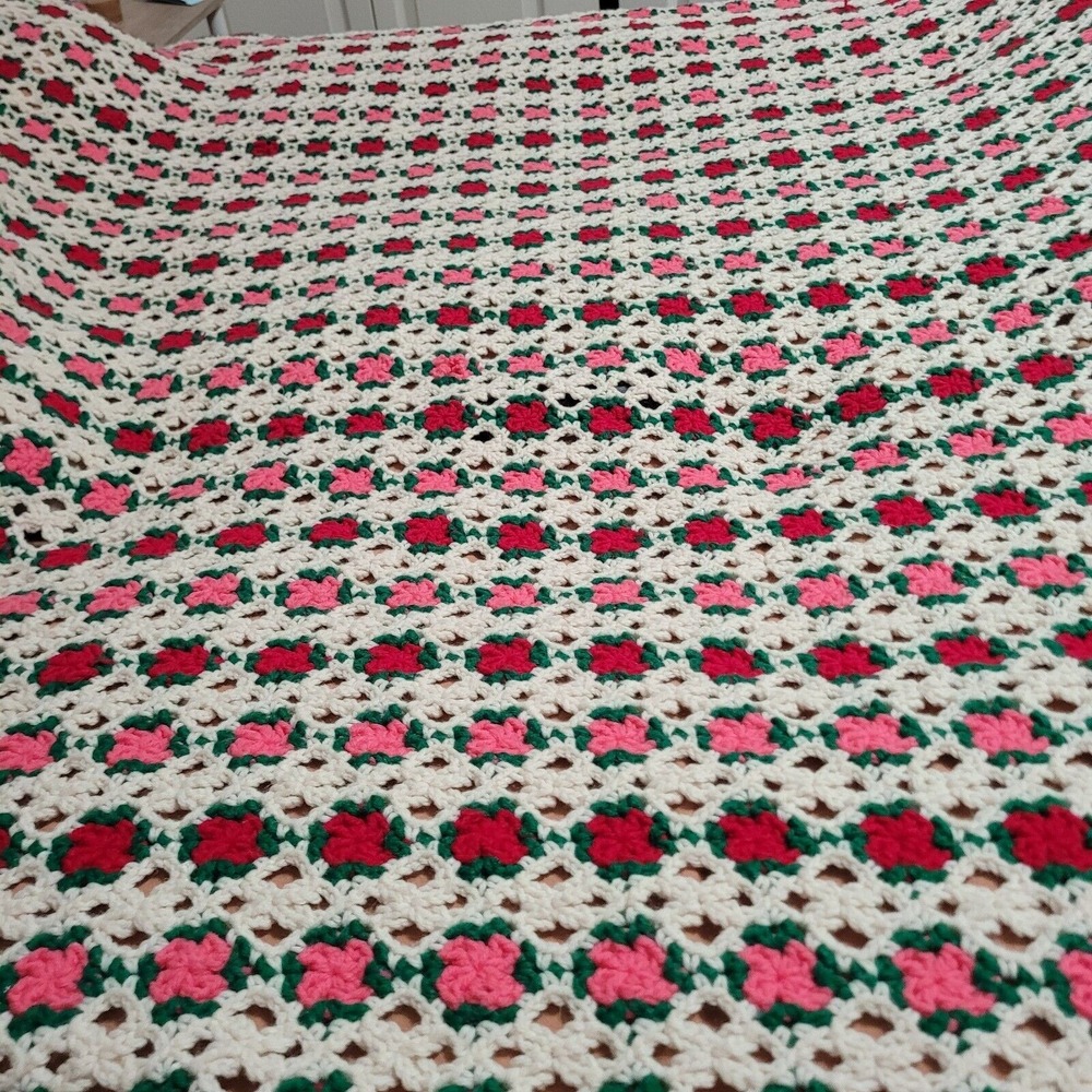 Handmade Crochet Blanket Granny Square Afghan Throw Pink Red Green‎ Queen Size